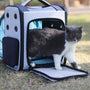 Sac de transport chat rectangulaire extensible gris et blanc avec un chat bicolore sortant