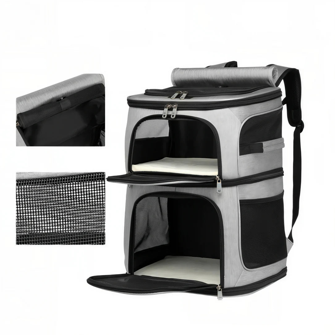Sac de transport double pour chat Cocoon Duo avec sac à dos gris et noir, fenêtres en mesh