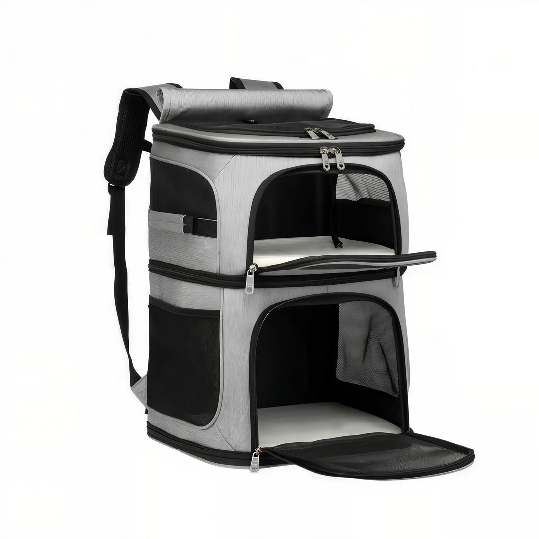 Sac de transport double pour chat Cocoon Duo avec sac à dos gris et noir, fenêtres en mesh