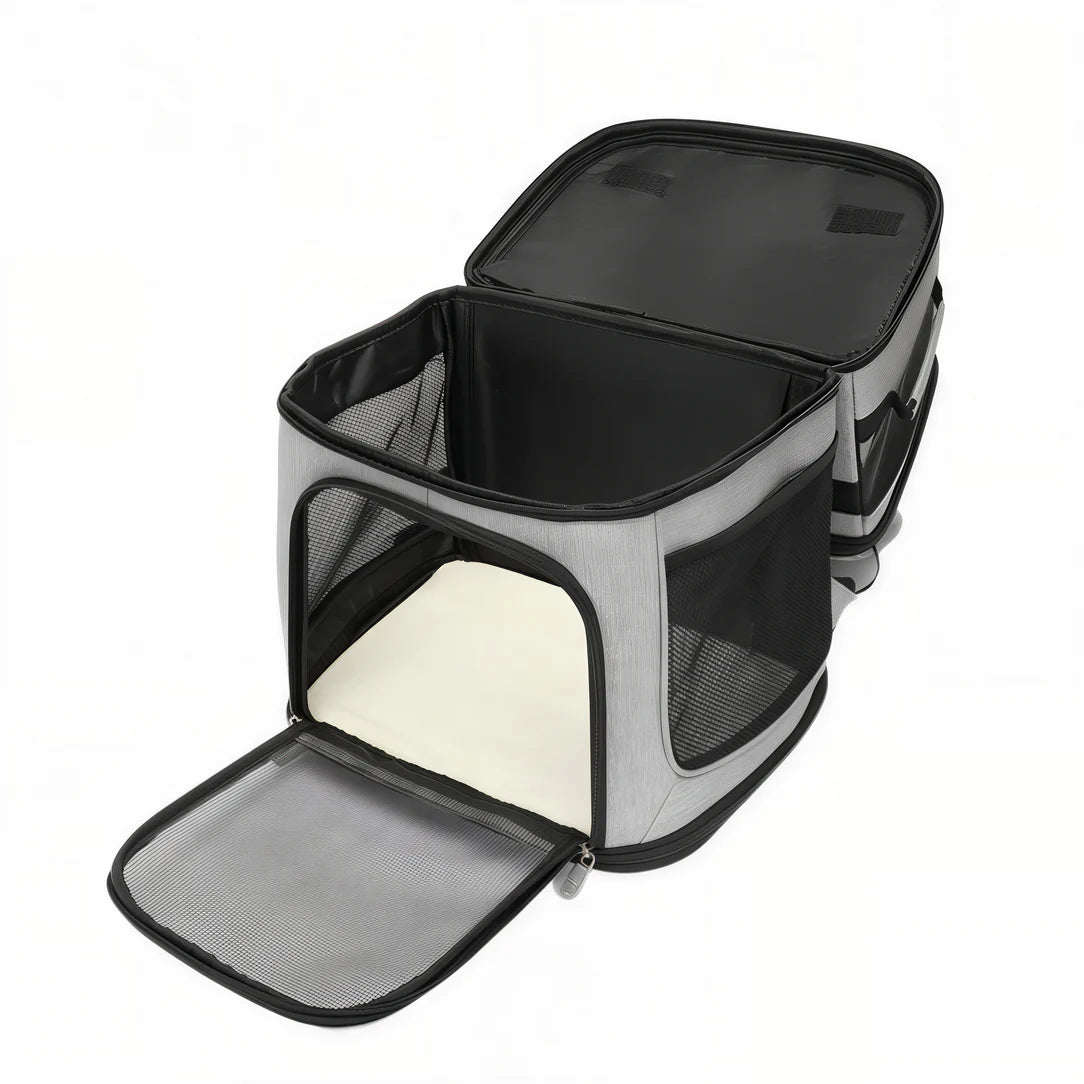 Sac de transport double pour chat Cocoon Duo en gris et noir avec fenêtres en mesh