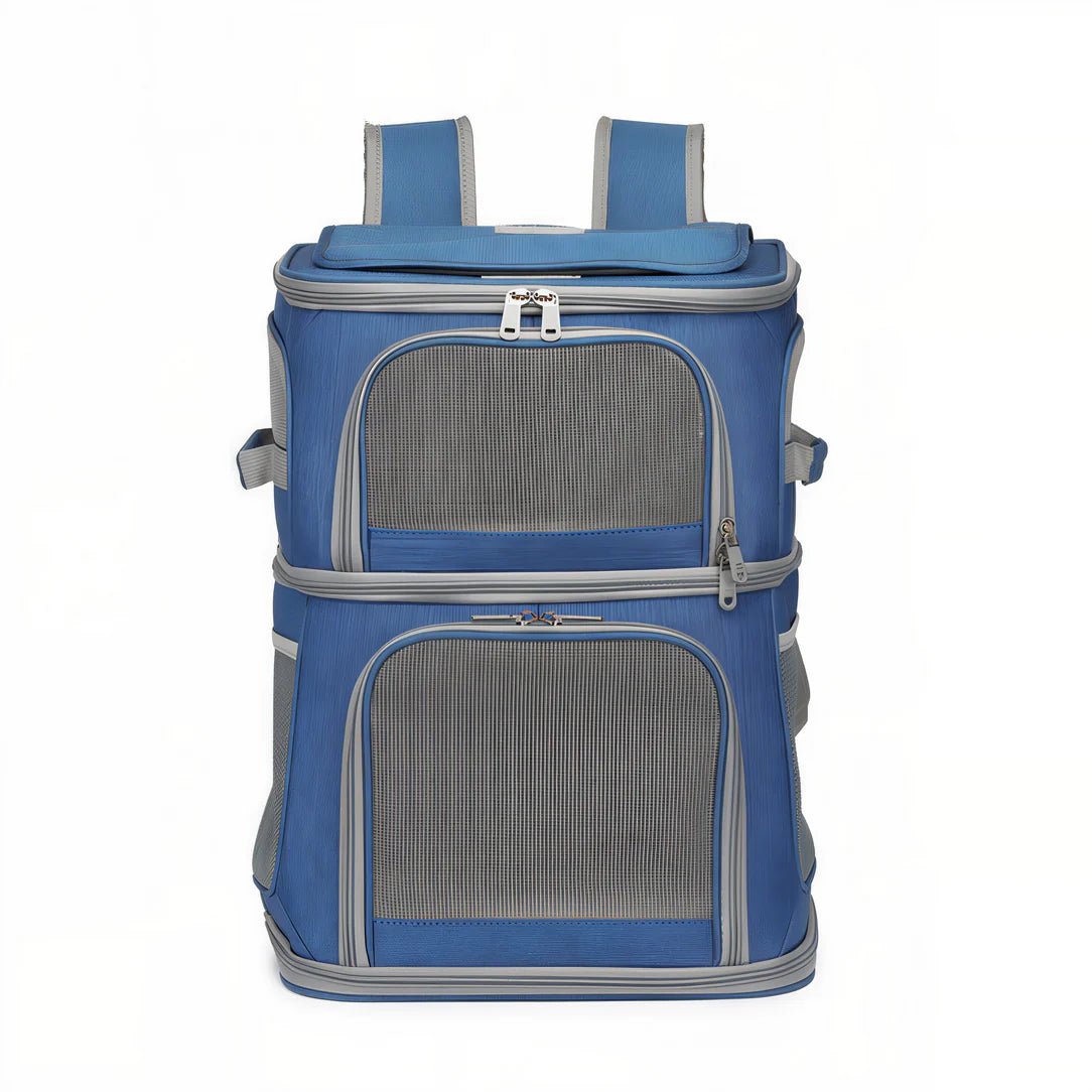 Sac de transport double pour chat bleu avec fenêtres en mesh et compartiments séparés