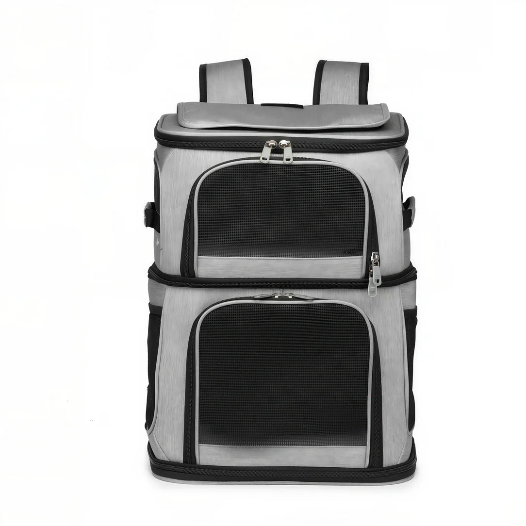 Sac de transport double pour chat Cocoon Duo avec sac à dos gris et noir, fenêtres en mesh
