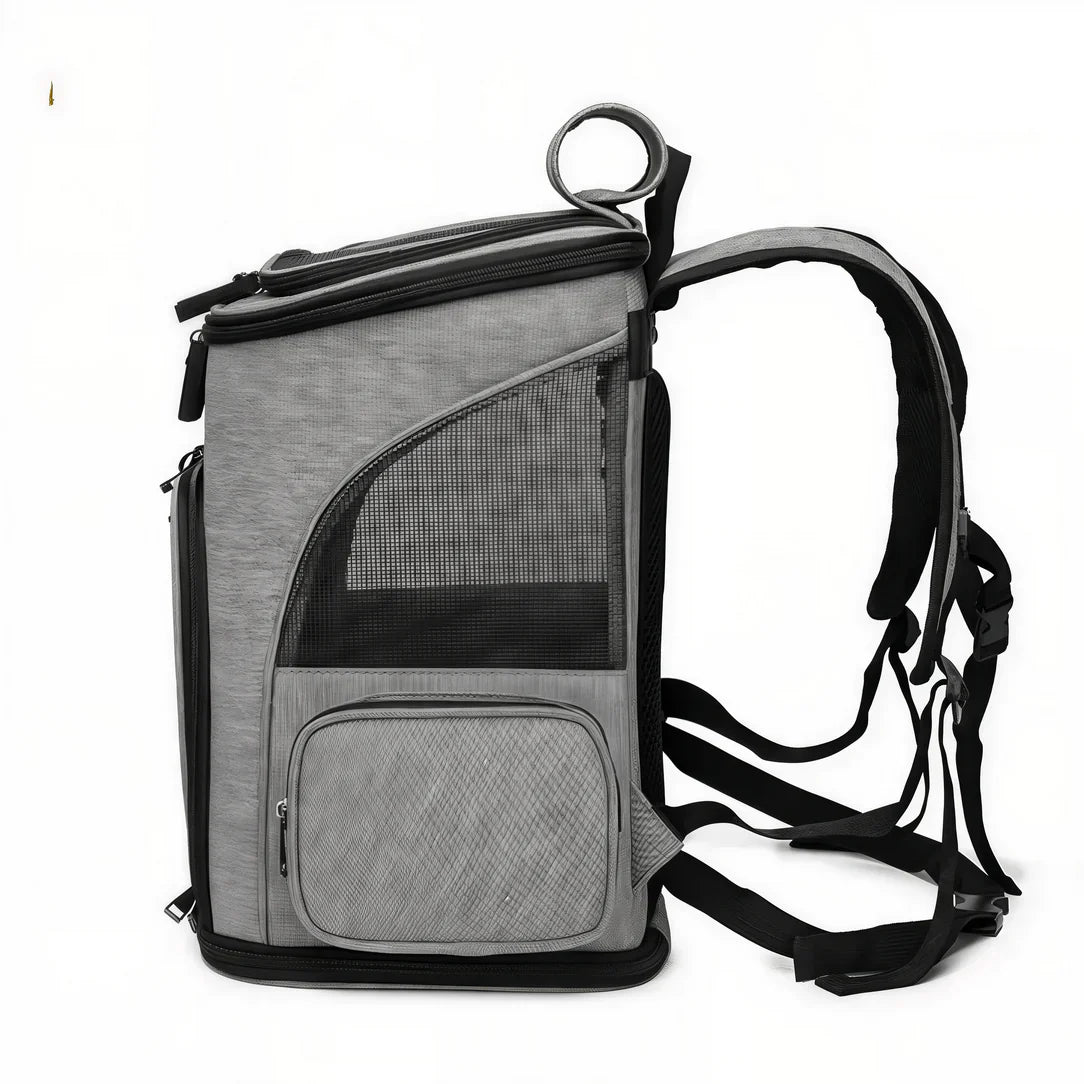 Sac de transport extensible pour chat en gris avec ventilation en mesh et poche extérieure