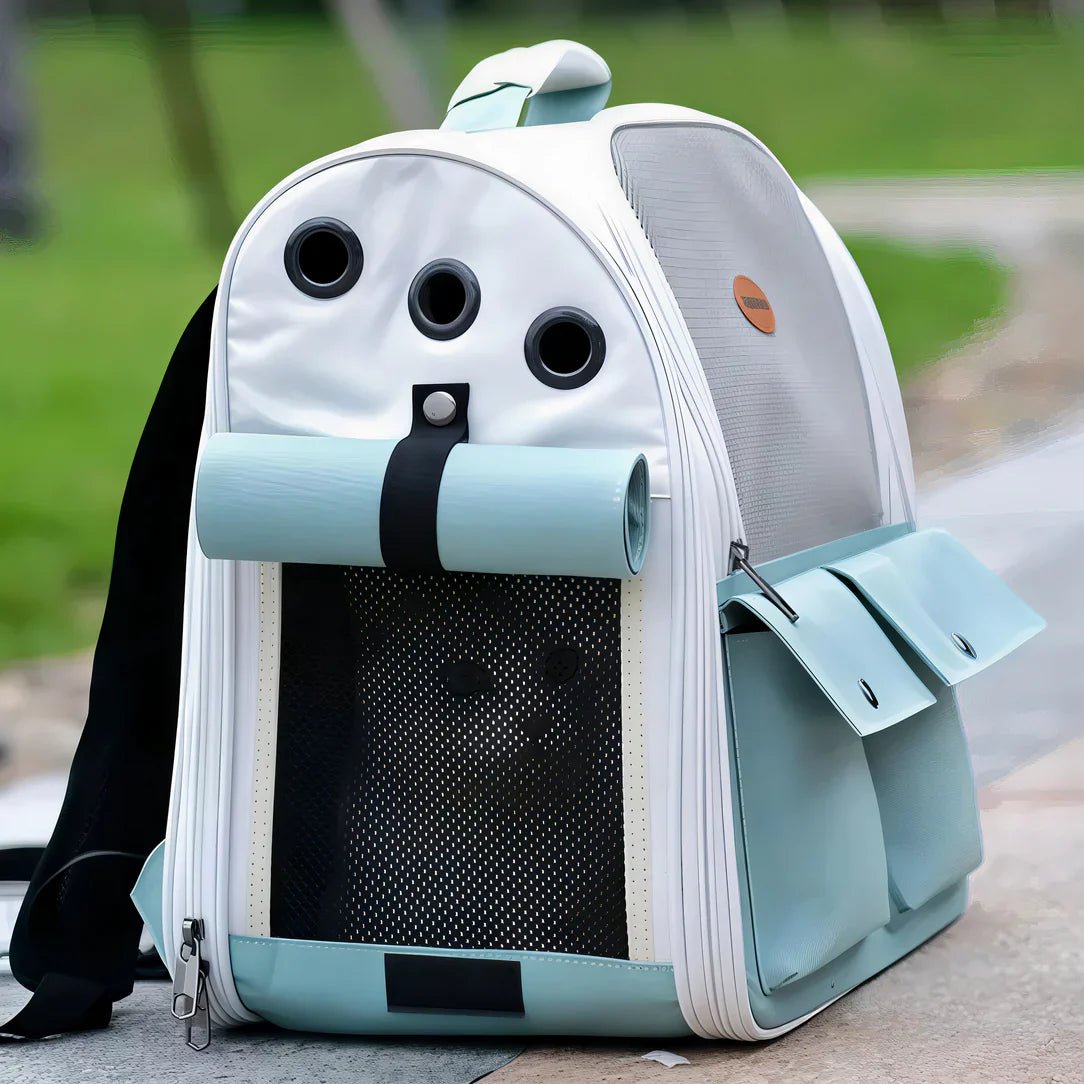 Sac de transport pour chat 10kg Ronron, sac à dos blanc et teal avec fenêtres en mesh