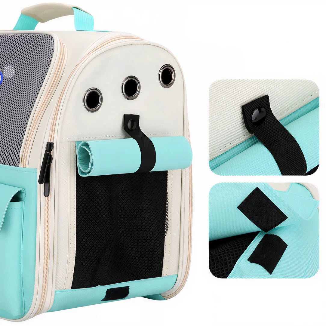 Sac de transport pour chat 10kg Ronron avec sac à dos blanc et teal, fenêtres en mesh