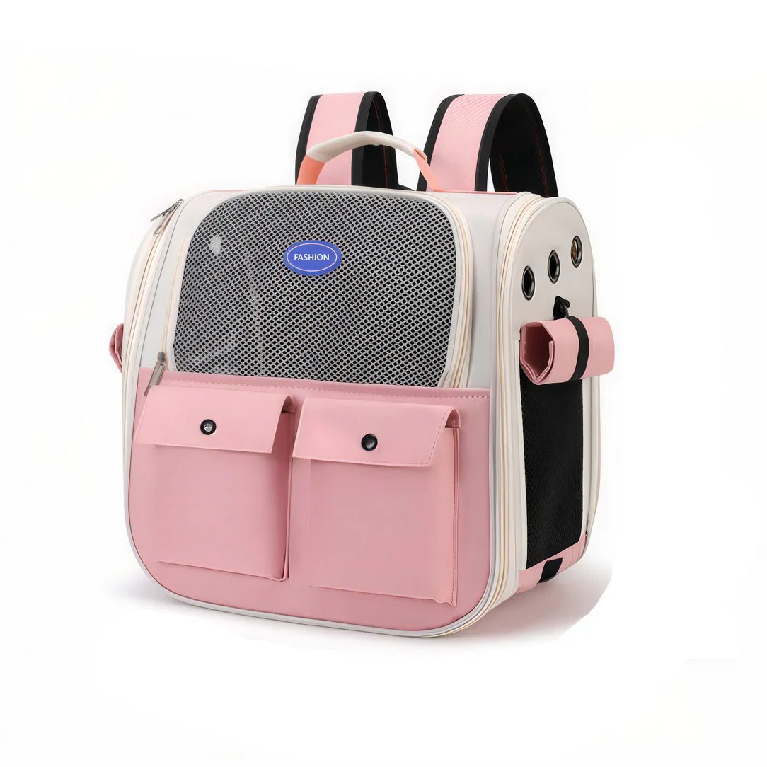 Sac de transport pour chat 10kg Ronron, sac à dos blanc et rose avec ventilation en mesh