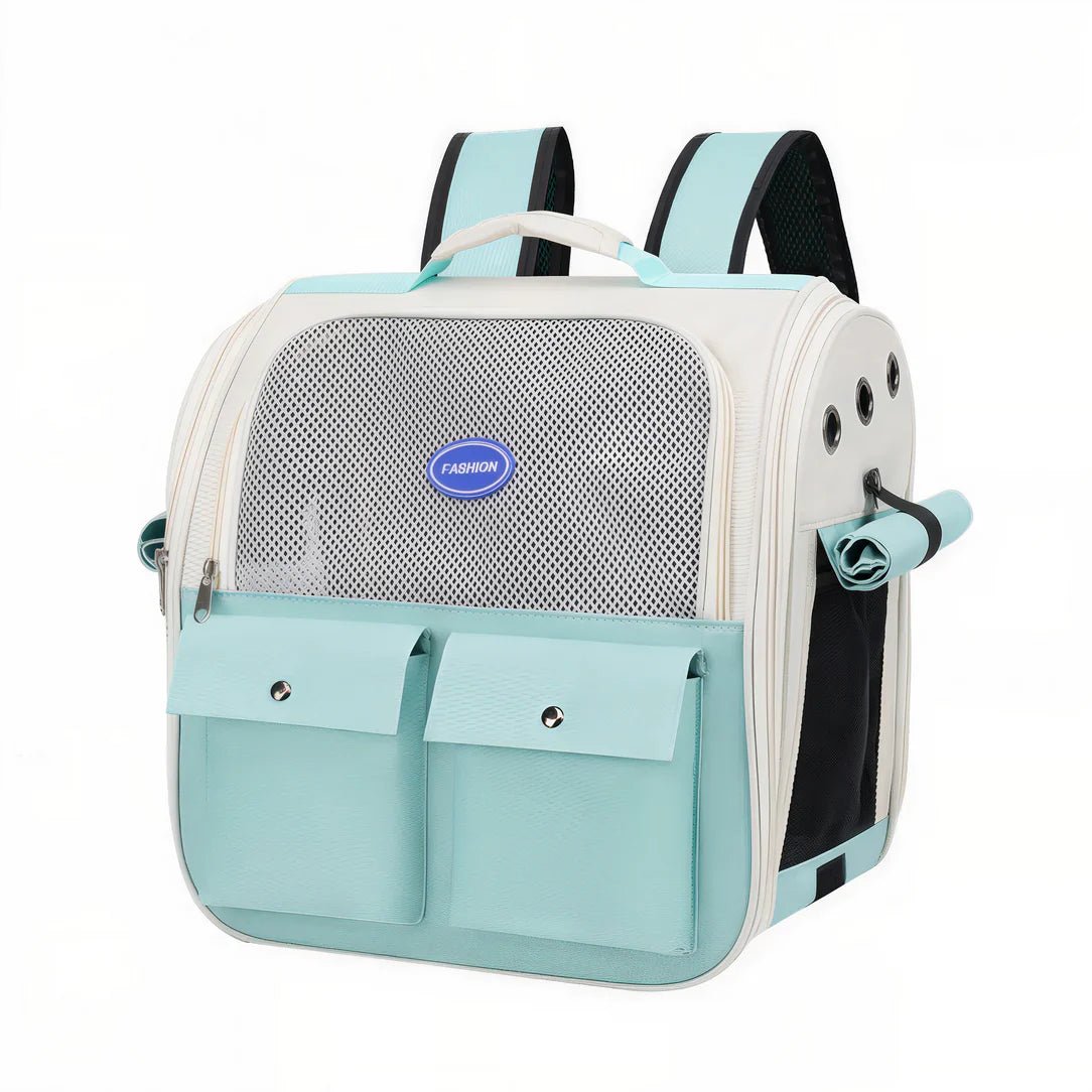Sac de transport pour chat 10kg Ronron en sac à dos léger bleu clair et blanc cassé