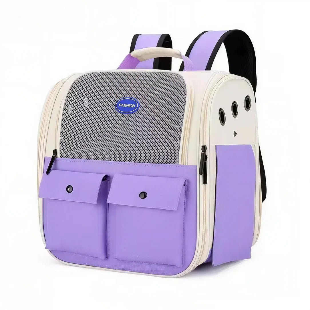 Sac de transport pour chat 10kg en violet et crème avec fenêtre en mesh et poches