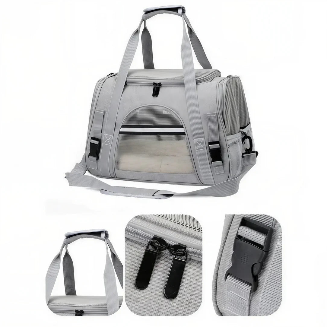Sac de transport pour chat en gris clair avec fenêtres en mesh et bandoulière ajustable