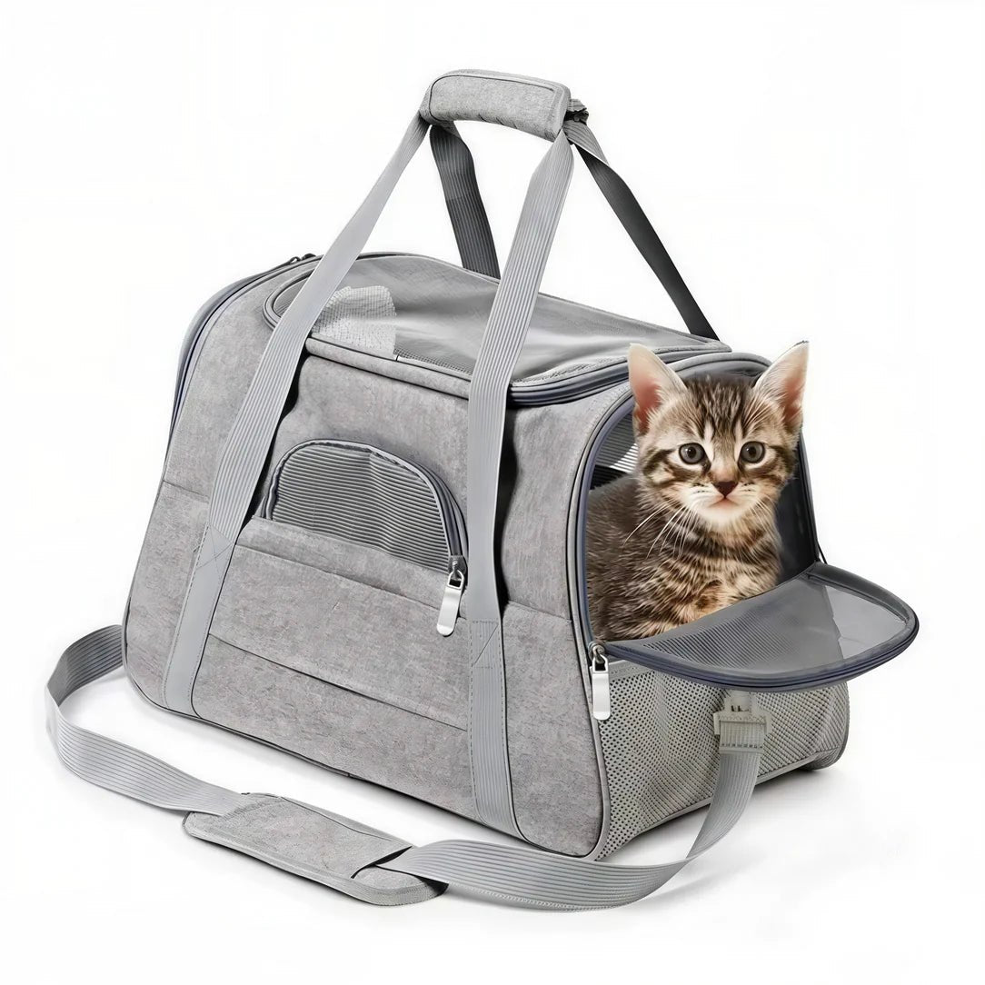 Sac de transport pour chat gris avec fenêtre en mesh et chaton tabby à l’intérieur