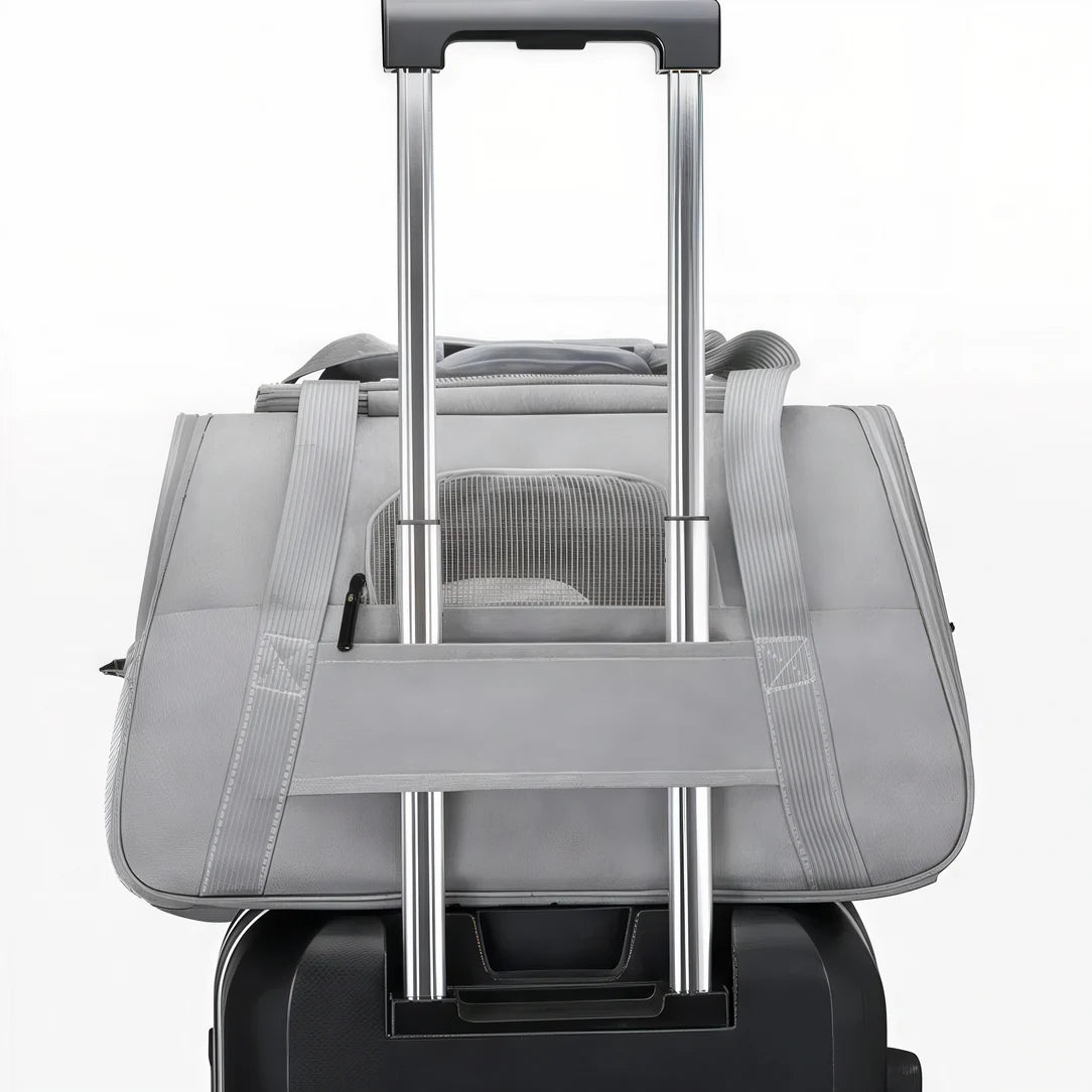 Sac de transport pour chat gris avec fenêtre en mesh, compatible avec poignée de bagage