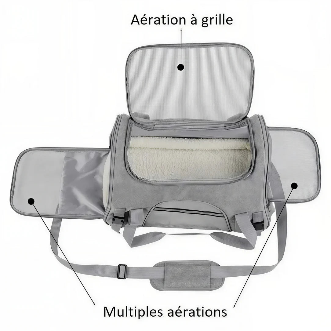 Sac de transport pour chat gris avec panneaux en mesh et bandoulière pour un voyage facile