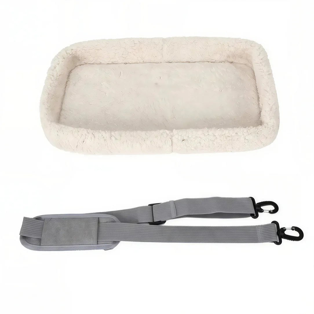 Litière pour chat avec lit rectangulaire beige, intérieur pelucheux et bandoulière grise