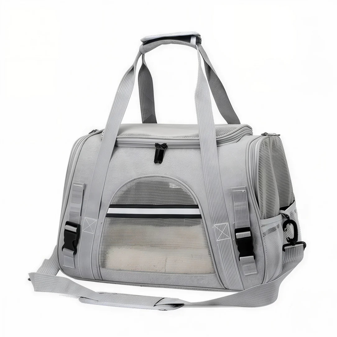 Sac de transport pour chat gris clair avec fenêtres en mesh, fermeture éclair et poignées