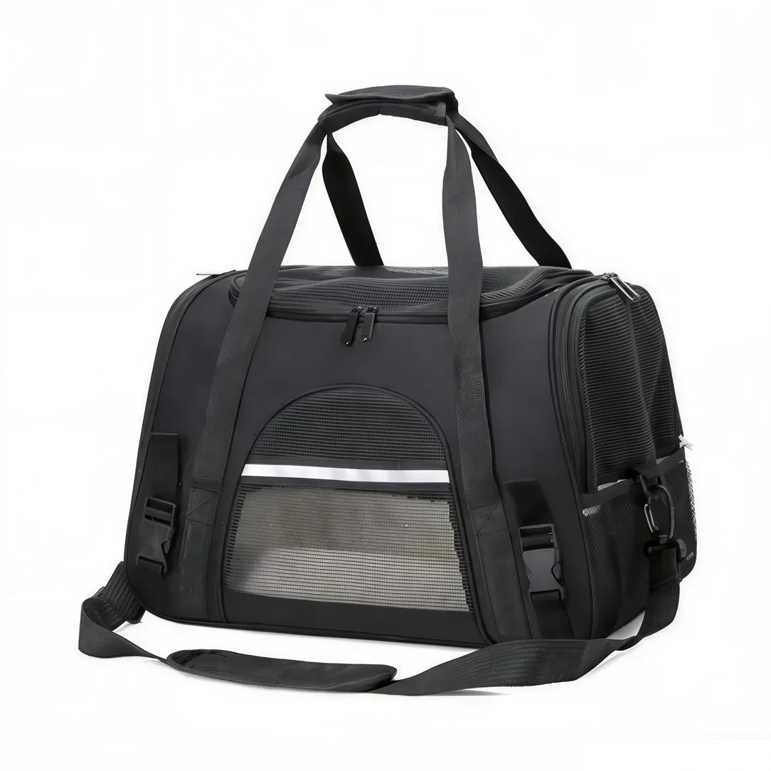 Sac de transport pour chat noir en tissu souple avec fenêtres en mesh et bandoulière
