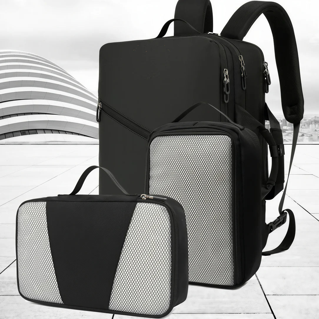 Sac de voyage format valise MoveCase I avec sac à dos noir et cubes de rangement en mesh