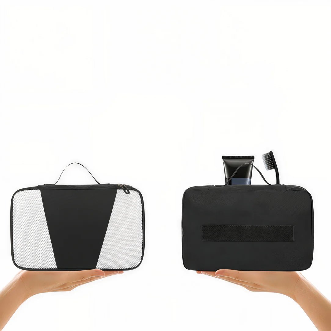 Sac de voyage format valise MoveCase I avec deux sacs à mesh noir et blanc ouverts