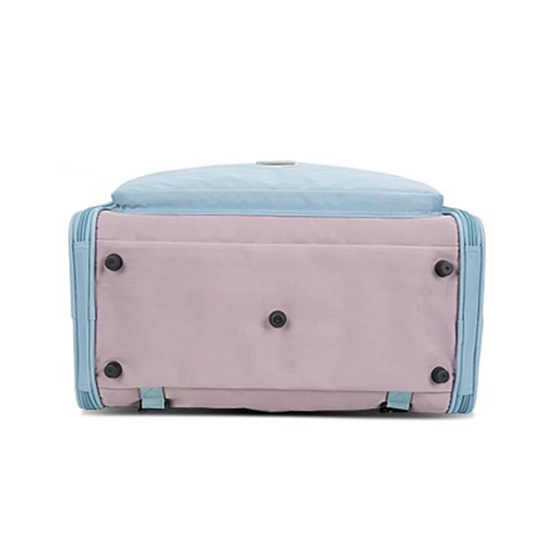 Sac de voyage pour chat en bleu clair et rose avec pieds en métal pour stabilité