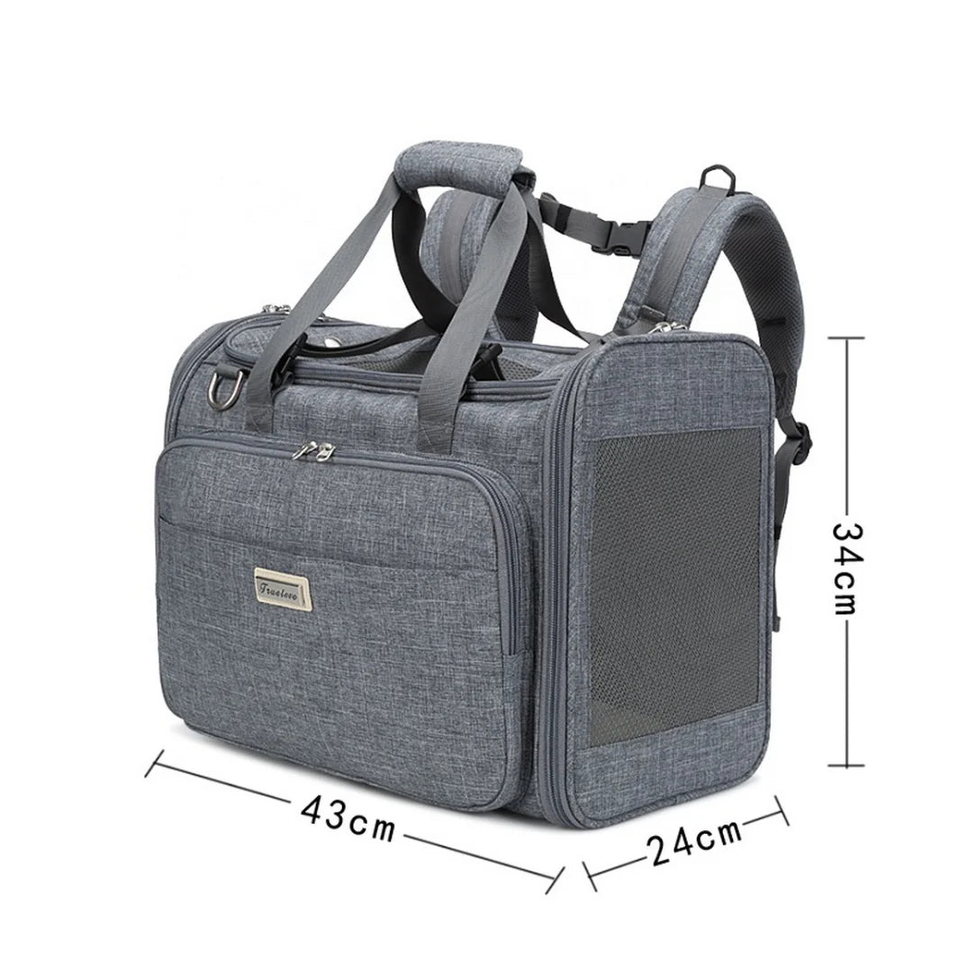 Sac de voyage pour chat TrueLove, sac gris avec poignées, bandoulières et ventilation en mesh