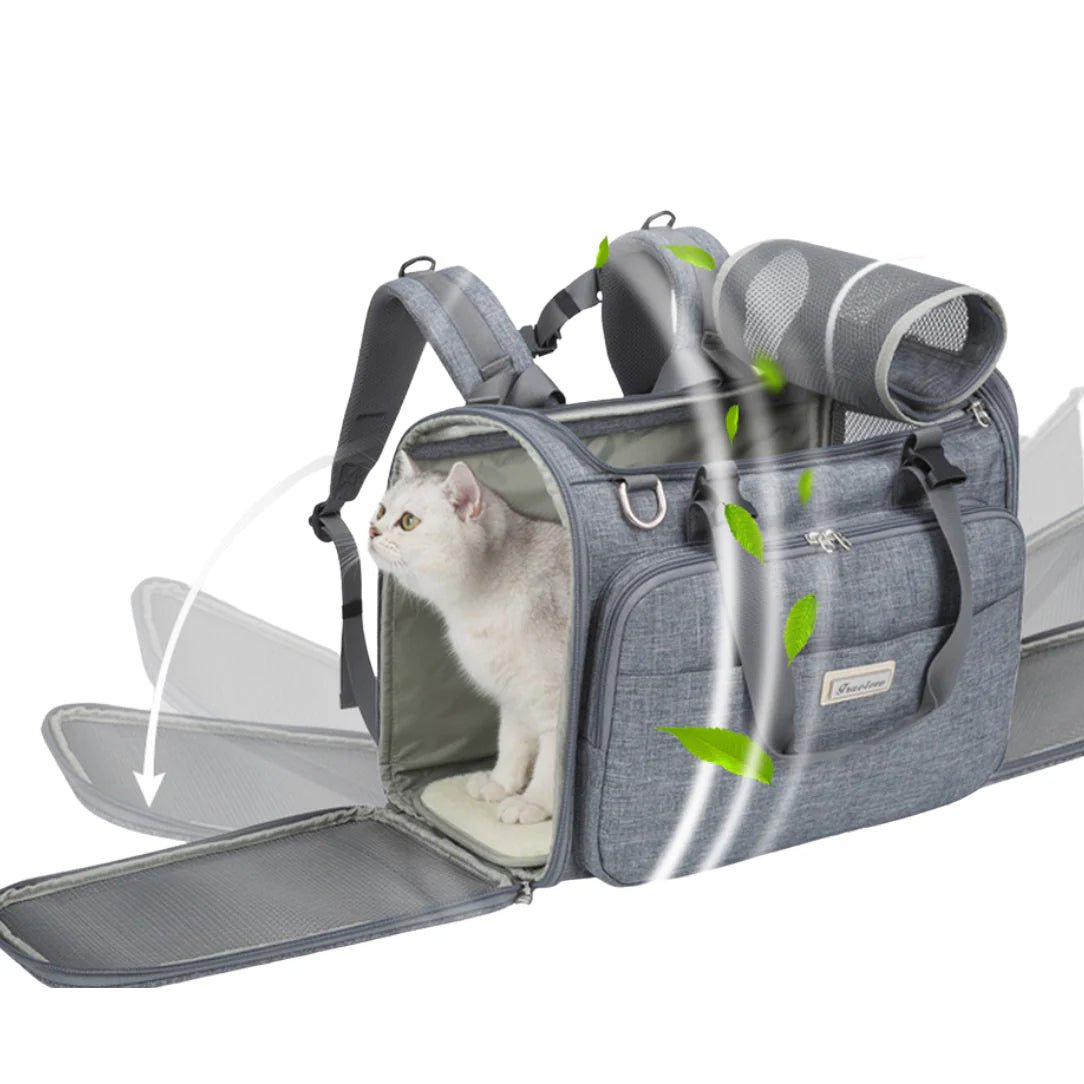 Sac de voyage pour chat TrueLove avec sac de transport gris à côtés extensibles et tunnel de ventilation