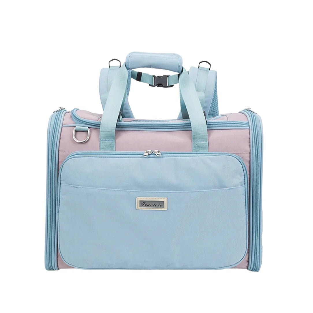 Sac de voyage pour chat TrueLove en tissu bleu clair et rose avec poche frontale