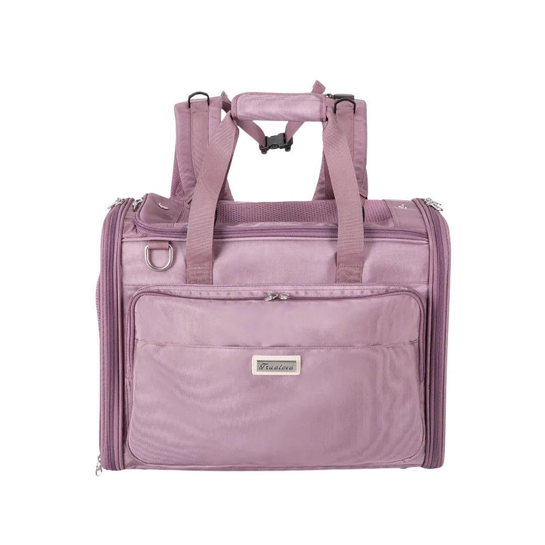 Sac de voyage pour chat TrueLove mauve avec accès supérieur et frontal, poignées