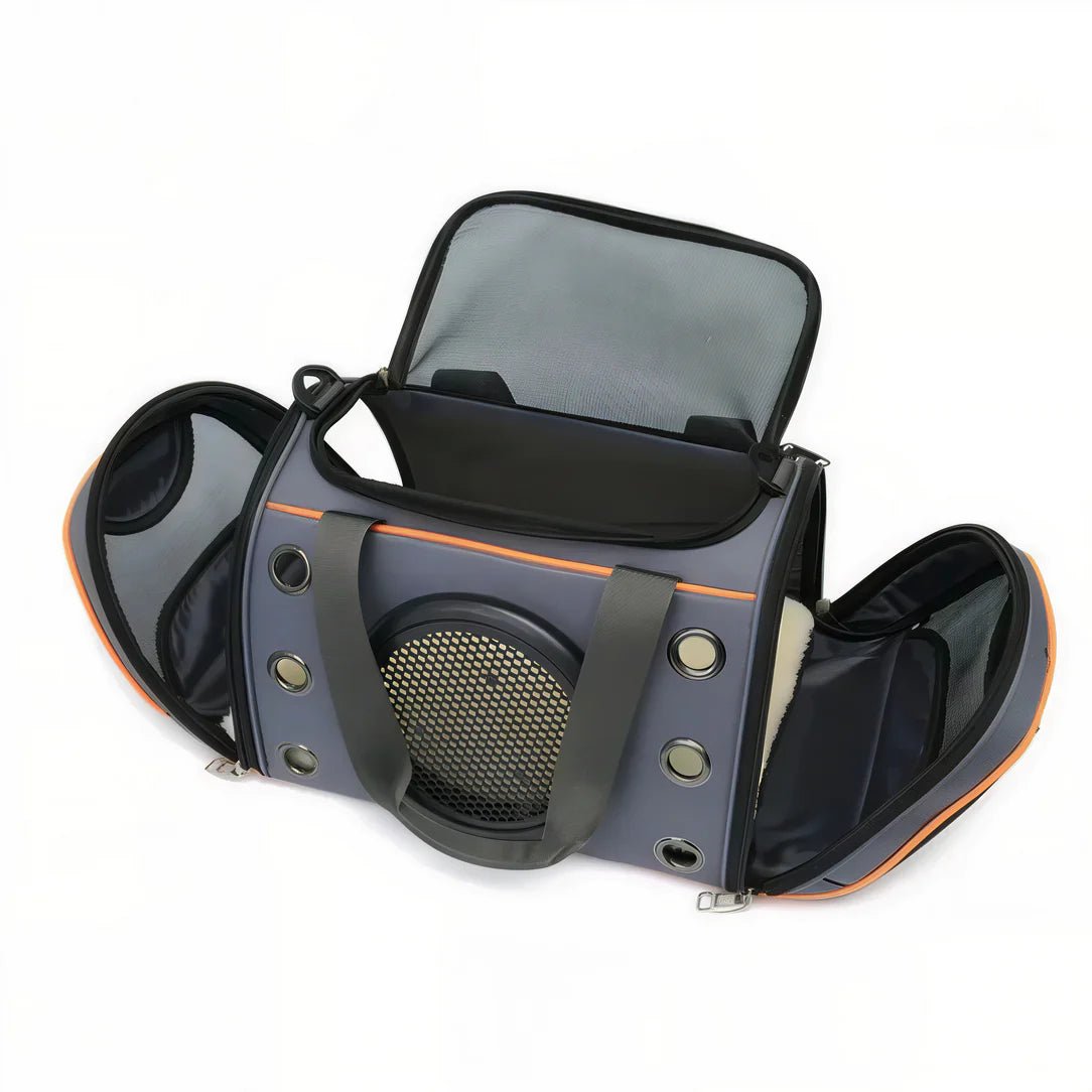 Sac hublot à bandoulière pour chat et chien avec porte grise, orange, ventilation et mesh