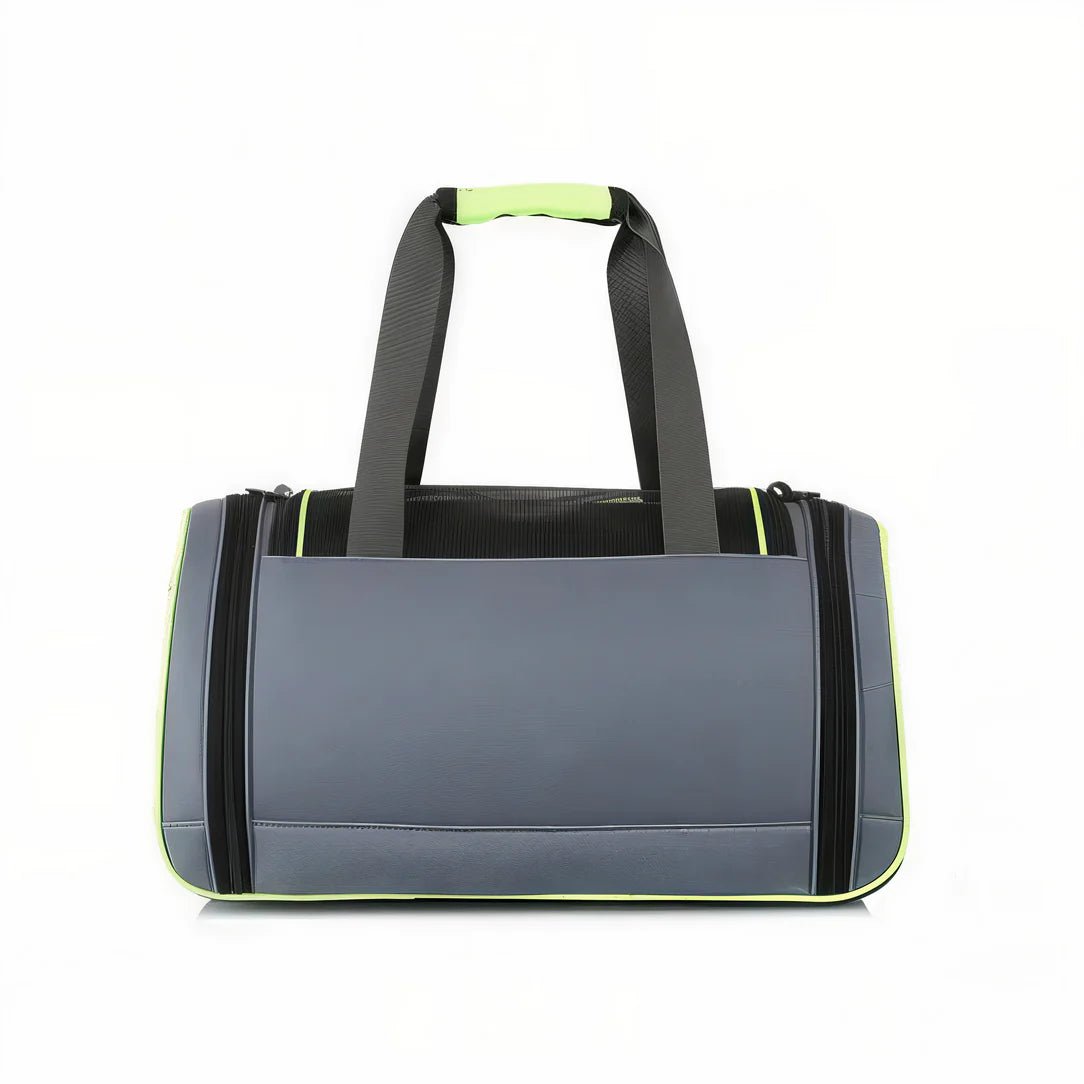 Sac hublot à bandoulière pour chat et chien avec sac duffel gris, bretelles noires et accents verts néon