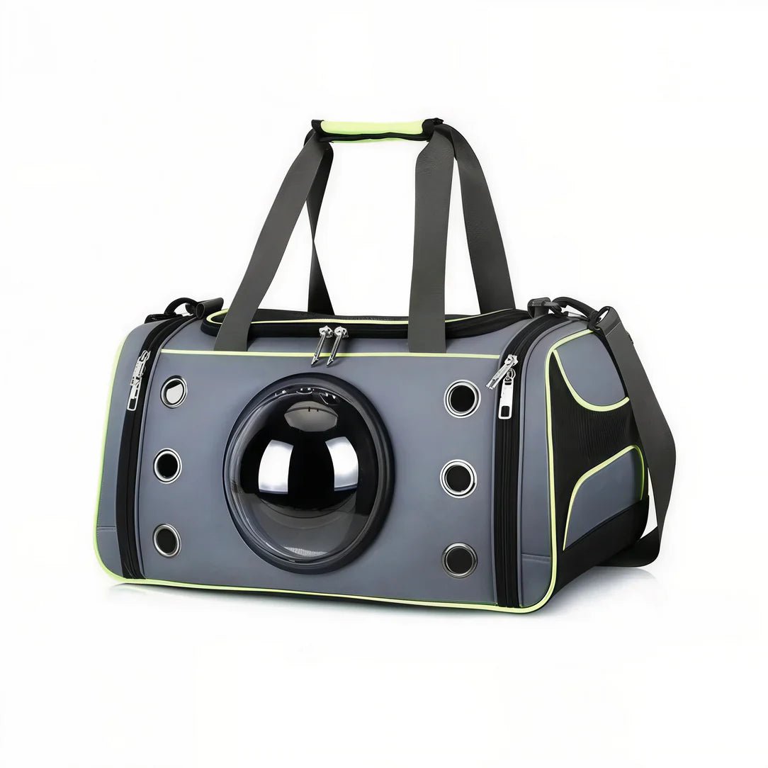 Transporteur pour chat et chien gris avec fenêtre en bulle claire et bordure jaune