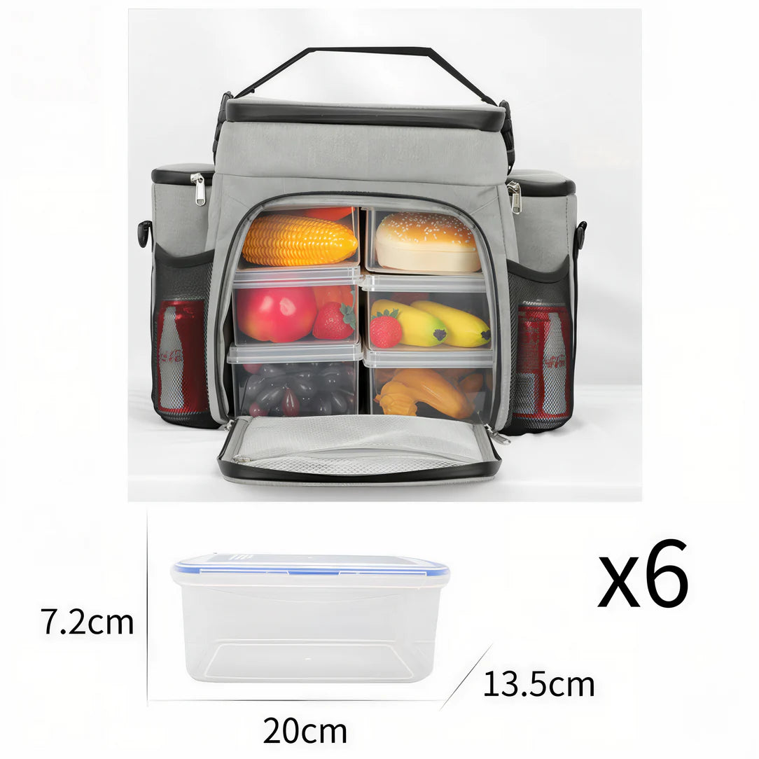 Sac isotherme bandoulière 27L gris avec six contenants alimentaires transparents