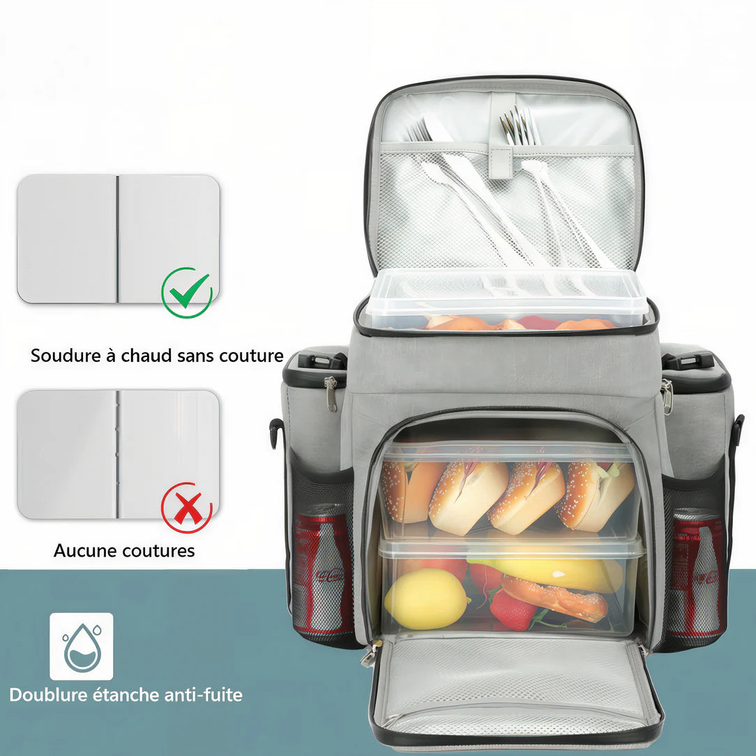 Sac isotherme bandoulière 27L gris avec plusieurs compartiments pour nourriture et boissons