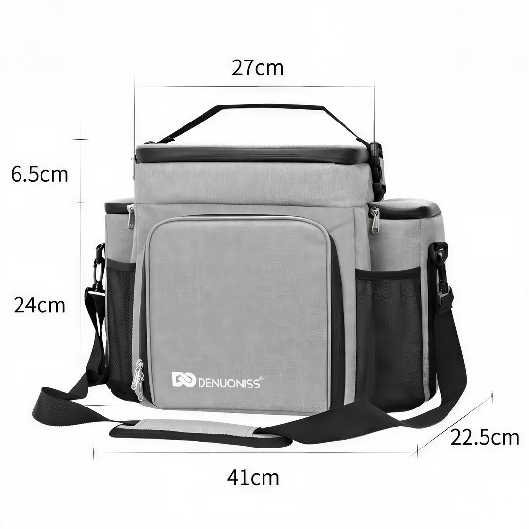 Sac isotherme bandoulière 27L gris et noir avec plusieurs compartiments et poignée