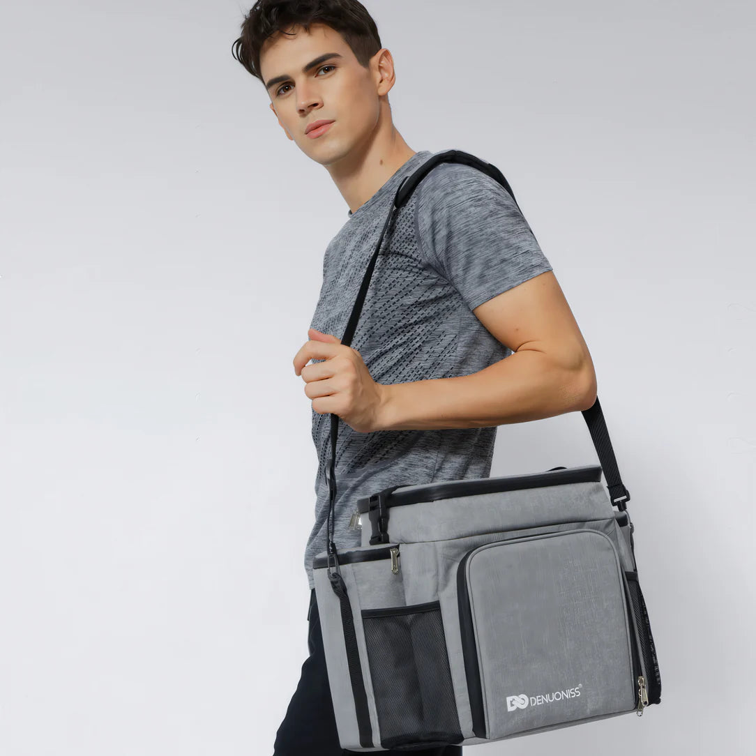 Sac isotherme bandoulière 27L gris et noir avec plusieurs compartiments et sangle
