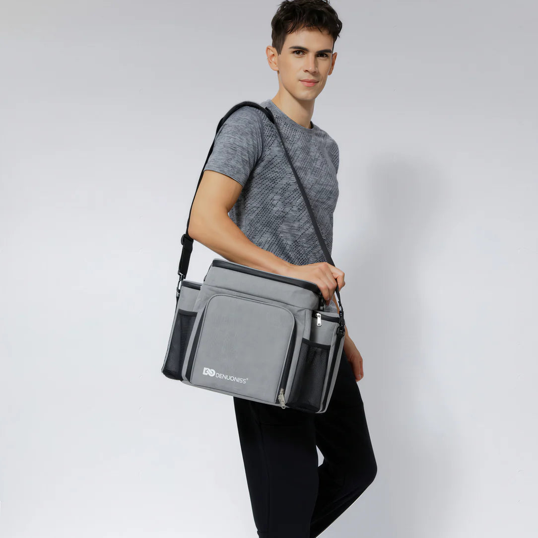 Sac isotherme bandoulière 27L gris et noir avec plusieurs compartiments et sangle