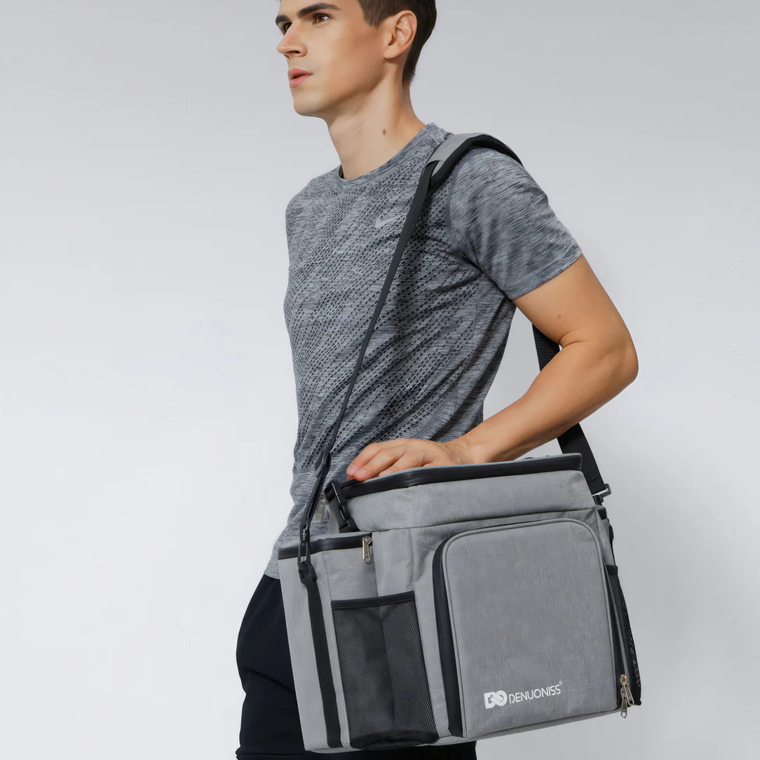 Sac isotherme bandoulière 27L gris et noir avec plusieurs compartiments et bandoulière
