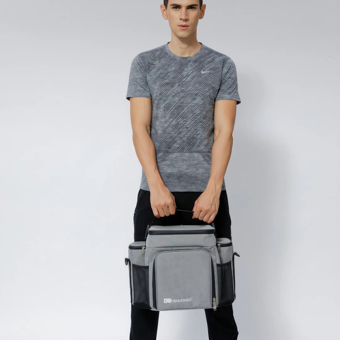 Sac isotherme bandoulière 27L gris et noir avec plusieurs compartiments pour repas