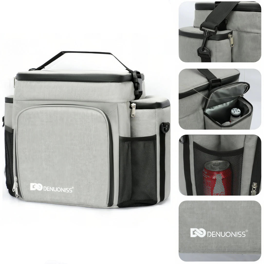Sac isotherme bandoulière 27L gris avec plusieurs compartiments et bandoulière