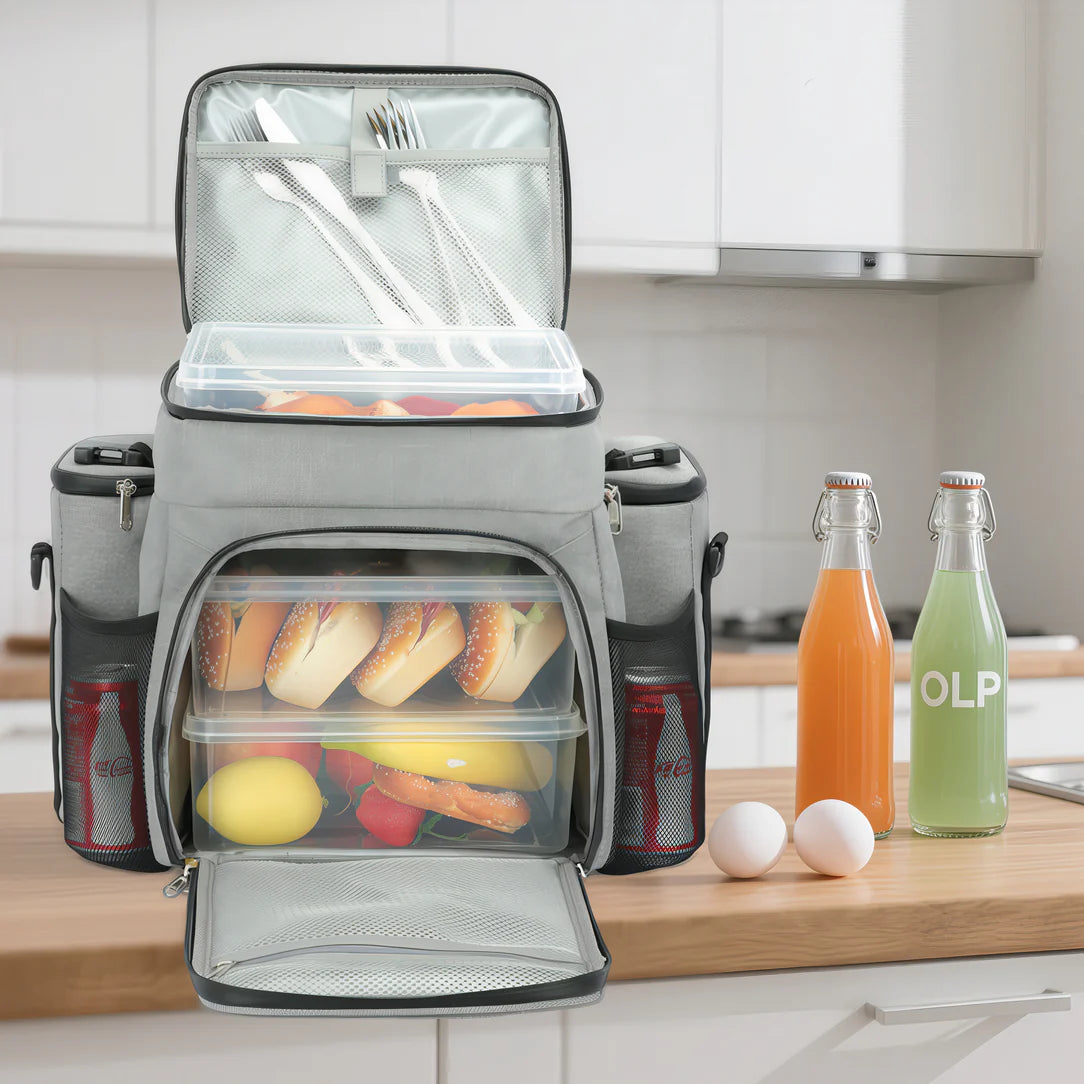 Sac isotherme bandoulière 27L avec compartiments, contenants et ustensiles