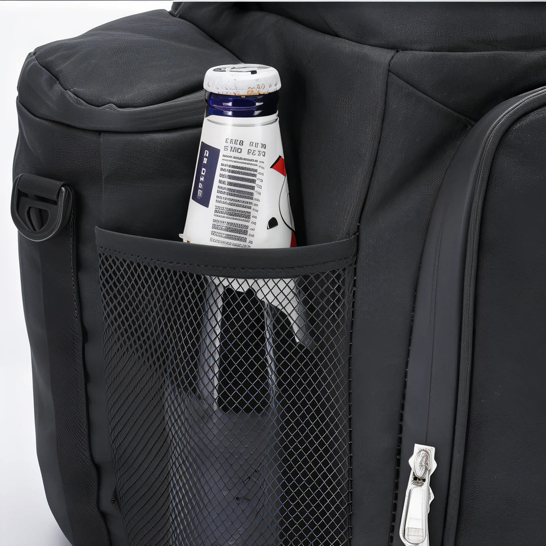 Sac isotherme bandoulière 27L noir avec poche en mesh et bouteille de boisson