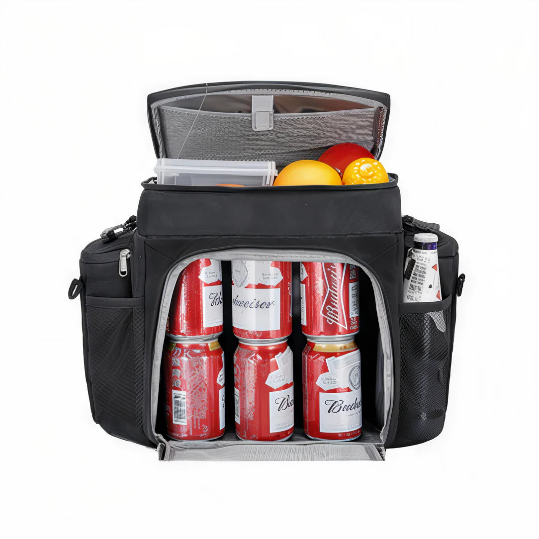 Sac isotherme bandoulière 27L noir rempli de boissons et de fruits pour le transport