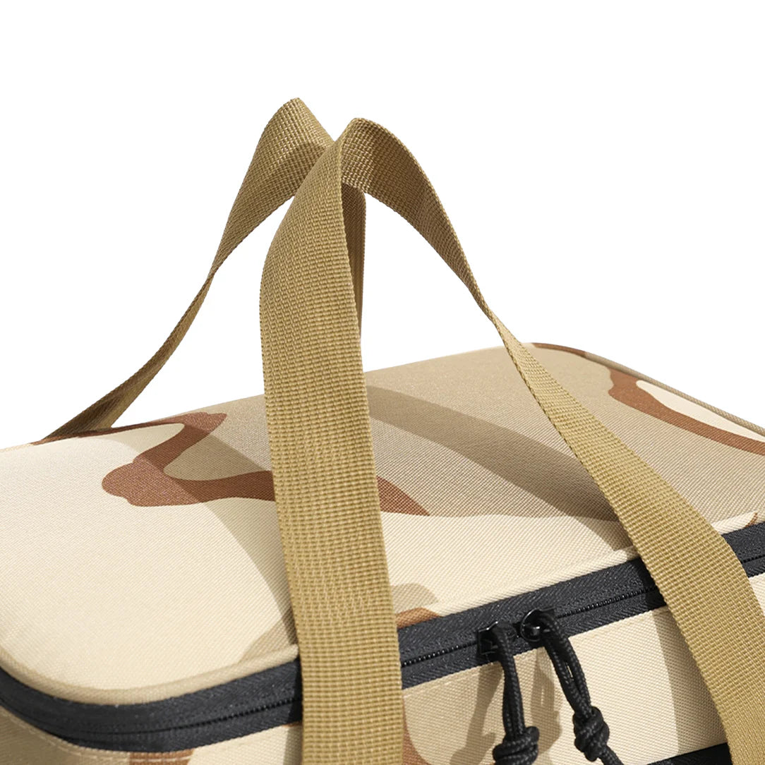 Sac isotherme camouflage désert avec bandoulière tan et fermeture éclair noire