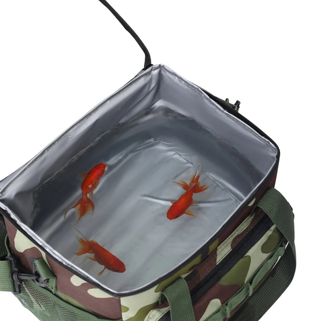 Sac isotherme camouflage avec un sac isolant contenant trois poissons rouges
