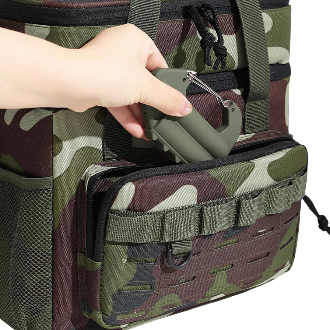 Sac isotherme camouflage avec poche en mesh, webbing MOLLE et carabiner vert
