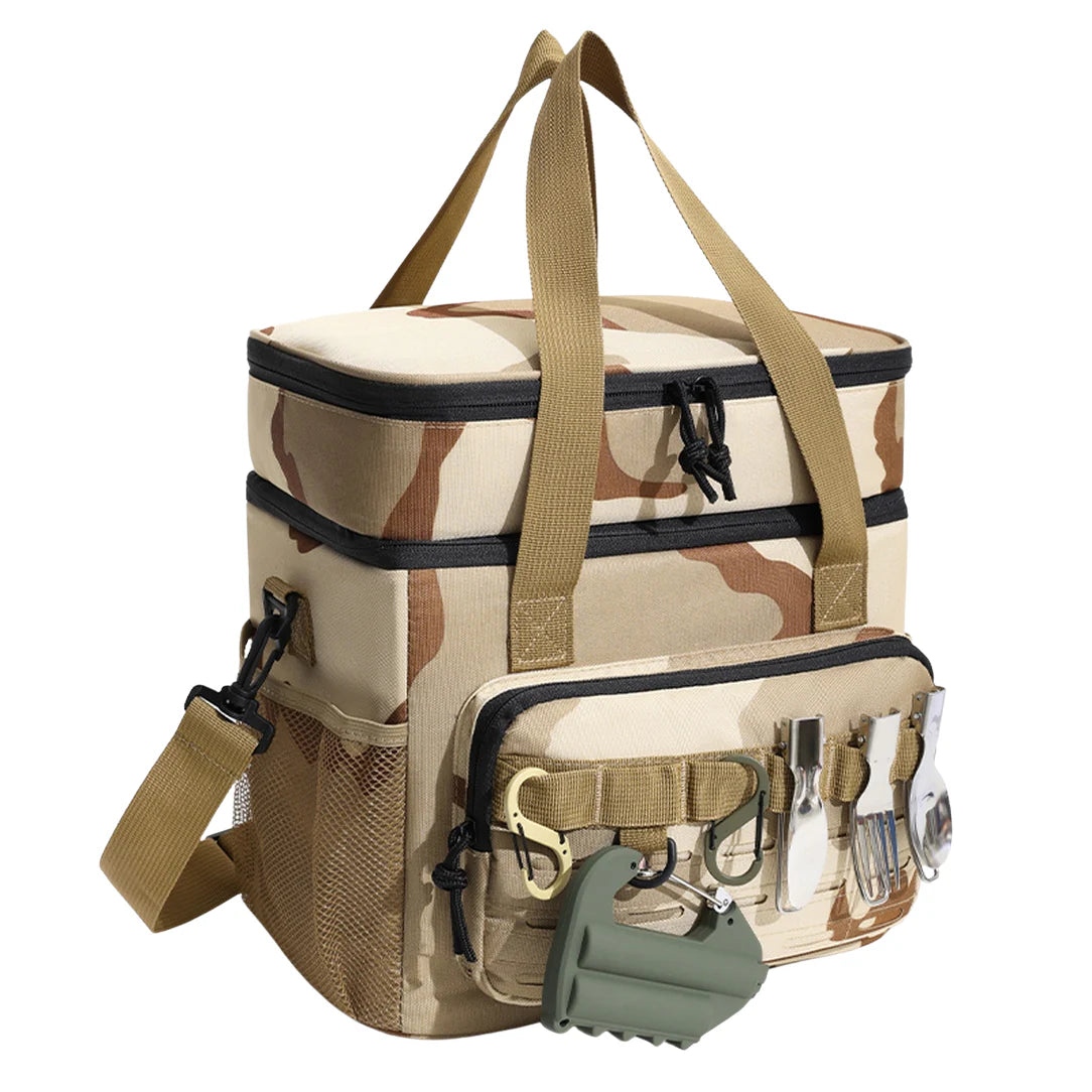 Sac isotherme camouflage désert avec pochettes et bandoulière pour le transport