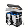 Sac isotherme travail grand format blanc et noir avec deux compartiments remplis de boissons et contenants alimentaires