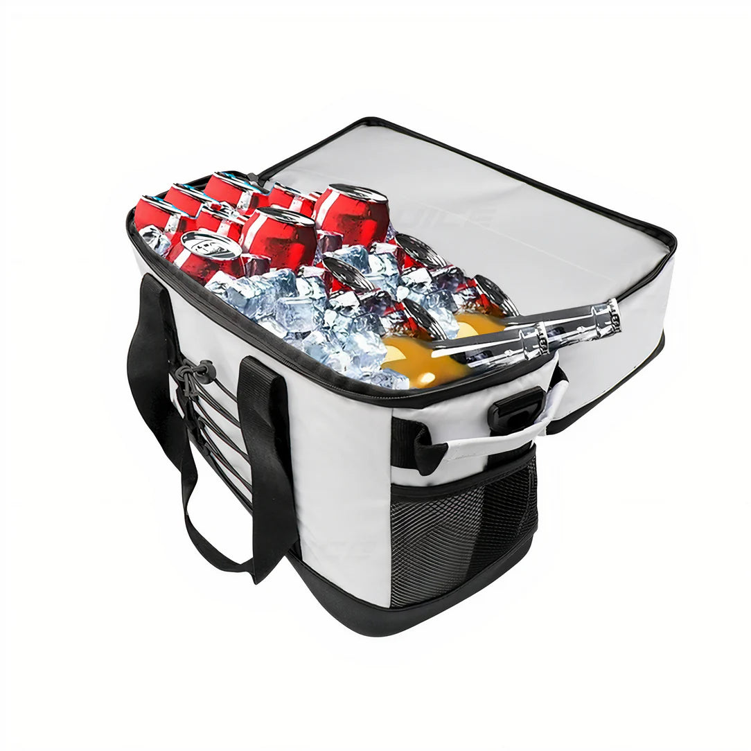 Sac isotherme travail grand format avec glacière blanche et boissons glacées