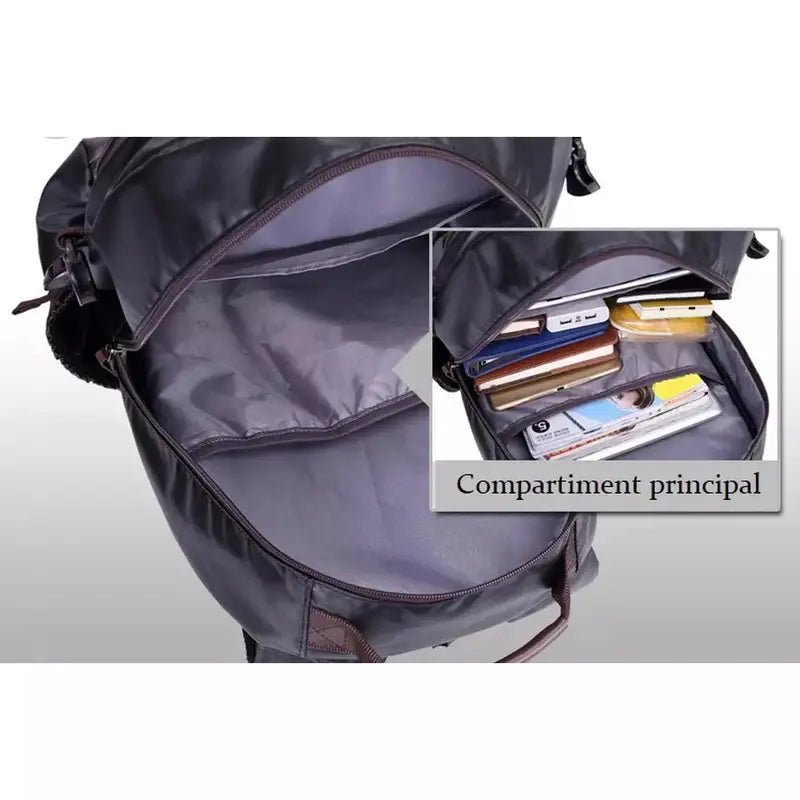 Sac urbain homme sac à dos noir ouvert avec contenu varié pour homme urbain